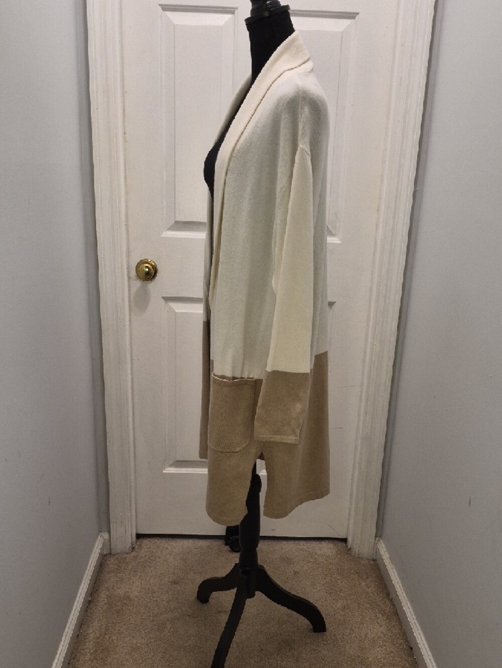 S2- Cream and Tan Open Front Long Cardigan - sz L - Picture 3 of 7
